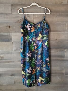 Linen/Cotton Navy Blue Tropical Print Midi Dress Button Front Resortwear Size 14